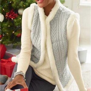 Talbots Gray White Metallic Sweater Vest Cable Knit Faux Fur Sz MP Layering Wool